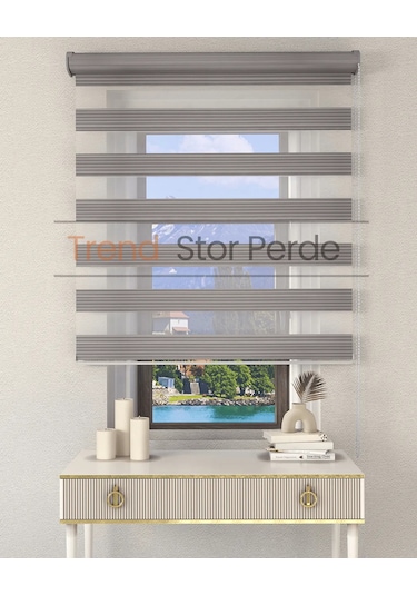 Geniş Plise Gri Etek Dilimsiz Zebra Stor Güneşlik Perde Gri