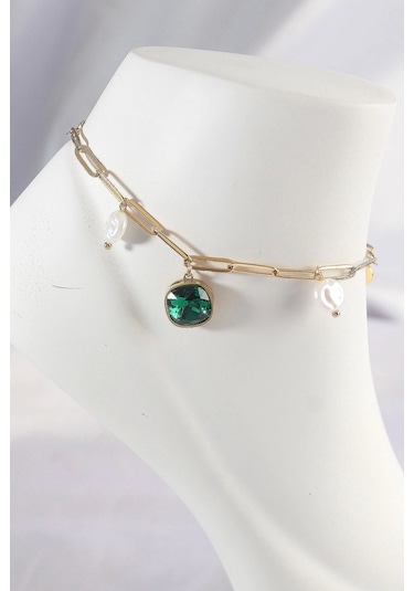 316l Çelik Gold Renk Zümrüt Taş Tasarımlı Halhal Çok Renkli