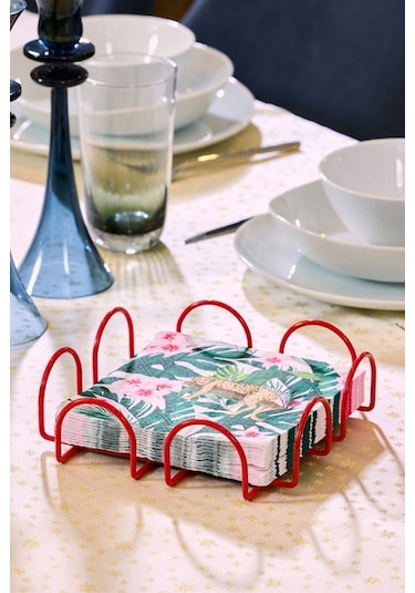 4'lü Kırmızı Servis Sunum Seti, Peçetelik, Kağıt Havluluk, Kare Ekmeklik, Nihale - Metal