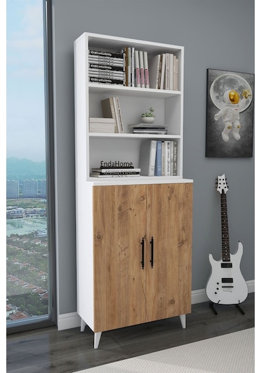 Enda Home Oras 6 Raflı 2 Kapaklı Dolaplı Kitaplık Atlantik Çam - Mat Beyaz