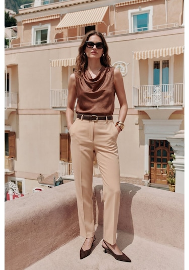 Sateen Degaje Yaka Saten Bluz - Açık Kahve-137427 Açık Kahverengi