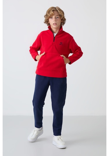 Tommy Life Kırmızı-lacivert Kalın Yumuşak Dokulu Standart Fit Nakışlı Polar Erkek Çocuk Eşofman Takım - 11218 Kırmızı - Lacivert