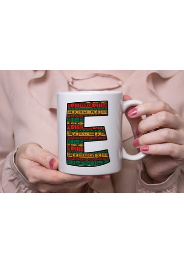 E Harfi Etnik Desenli Kupa - Afrika Tarzı Kahve Çay Kupası - Hediyelik - Black History Beyaz