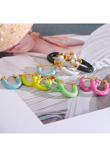 Siyah Eetit 6 Renk Şeker Renkli Emaye Paslanmaz Çelik U Şekli Içi Boş Küçük Halka Küpe Sevimli Şık Trendy Takı Hediye 2023 Siyah