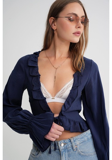 4712 Kadın Volanlı Modal Bolero Bluz Lacivert Lacivert