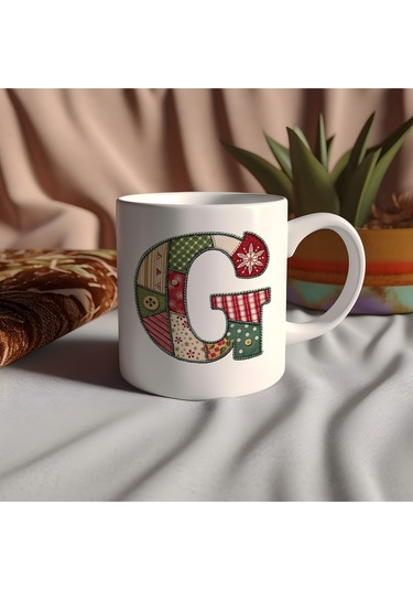 G Harfi Yılbaşı Temalı Kupa Bardak - Yeni Yıl Konsept Yamalı Efekt Tasarım - Noel Hediye Beyaz