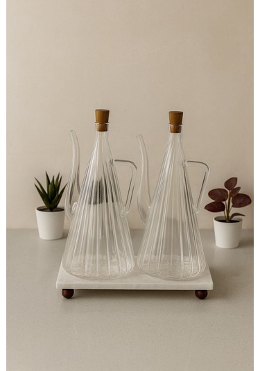 Qerhome Mermer Stantlı 2'li Glazzy Çizgili Tasarım Yağlık & Sosluk 750 Ml Şeffaf