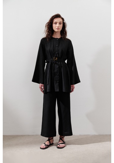 Keten Pensli Tunik Siyah Siyah