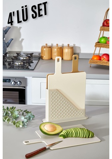 4 Parça Standlı Kesme Tahtası Seti - Ekmek/ Sebze Kesme Tahtası