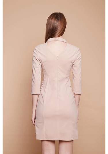 Yakalı Sırt Dekolteli Anvelop Likralı Kumaş Düğmeli Ceket Elbise -bej Bej