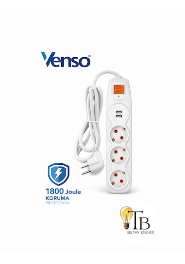 Venso Akım Korumalı 3 Lü Grup Priz 2 Usb Li, 1.5 Metre Kablolu 1,5 m