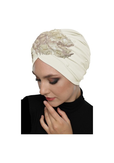 Kopma Astarlı İşlemeli Krem -pudra Dantel Motifli Hazır Türban Tesettür Abiye Bone Krem - Pudra