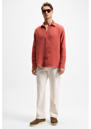 Raımo Erkek %100 Pamuklu Müslin Kumaş Manşetli Uzun Kol Comfort Fit Kiremit Rengi Gömlek