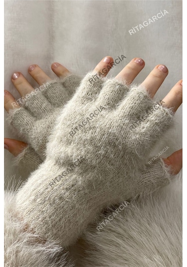 Peluş Kesik Parmak Eldiven Bej