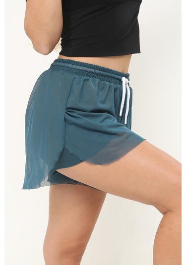 Kadın Petrol Yeşili Kumaş Bol Kesim Spor Şort Petrol Yeşili