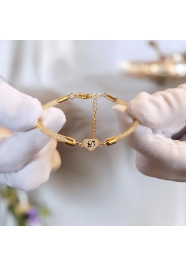 Archin D Harfine Özel Kalp Motifli 14 Ayar Altın Plakalı Hasır Kordonlu Hediye Bileklik-474harf D