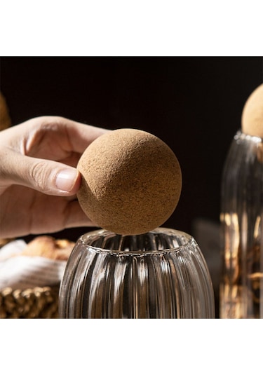 Morponi 3lü Top Mantar Kapaklı Çizgili Cam Kavanoz Ve Baharatlık Seti Şeffaf