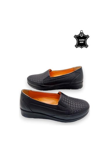 Kadın Taba Hakiki Deri Içi Deri Comfort Tam Ortopedik Anne Ayakka Siyah-baskılı Siyah