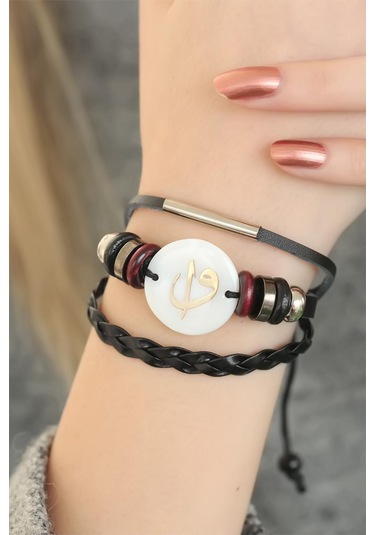 Siyah Renk Elif Vav Tasarım Çoklu Deri Bayan Bileklik - 9053345966556 Altın