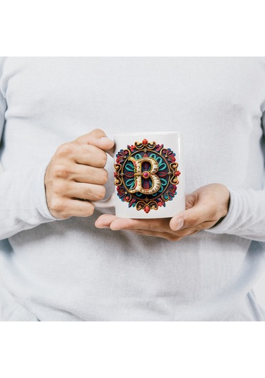 B Harfi Boho Bardak, Renkli Özel Tasarım Hediyelik Harfli Kupa, 330ml Porselen Beyaz