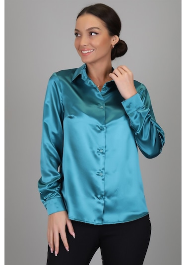 Sweetness Kadın Petrol Yeşili Saten Uzun Kol Abiye Gömlek Yeşil