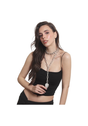 Labalaba Kadın Antik Gümüş Kaplama 2' Li Yaprak Uçlu Tasarım Kolye& Choker Gümüş