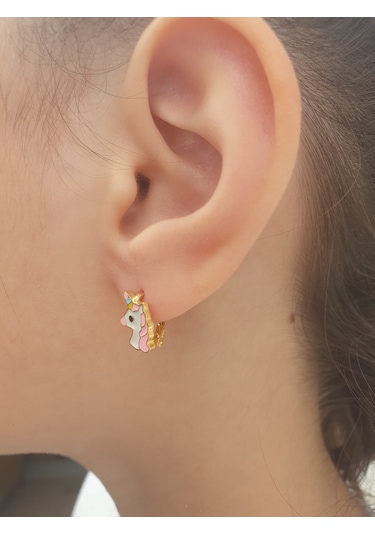 925 Ayar Gümüş Altın Kaplama Pembe Unıcorn Çocuk Küpesi