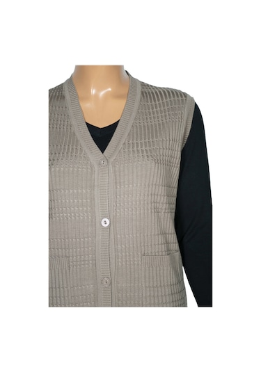 Hesna Kadın Nazan Büyük Beden Triko Düğmeli Cepli Kum Beji Yelek Bej