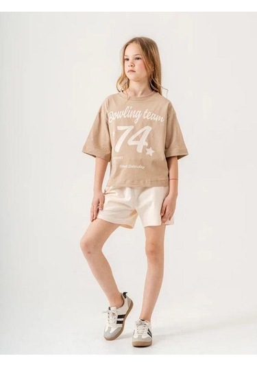 Kız Çocuk Pamuklu 74 Yazılı Şortlu Takım-15886 Bej