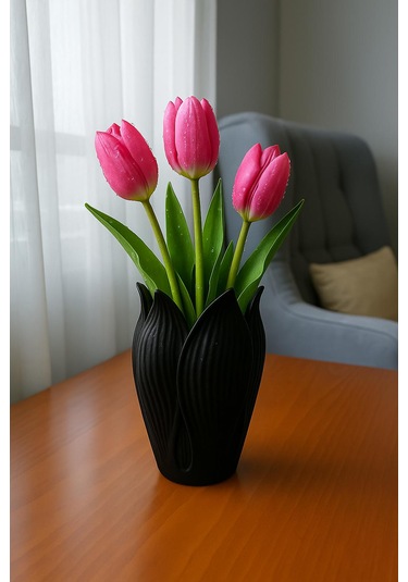 Lotus 3d Modern Tarz Dekoratif Vazo Siyah