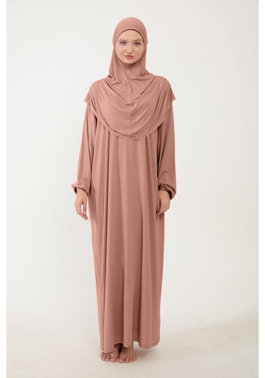 Kadın Tesettür Pamuklu Başörtülü Namaz Elbisesi Dantelli Tek Parça Penye Kumaş Gül Kurusu