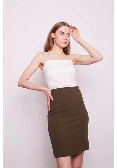 Yüksek Bel Diz Üstü Likralı Pamuklu Şık Kumaş Kalem Etek-Haki