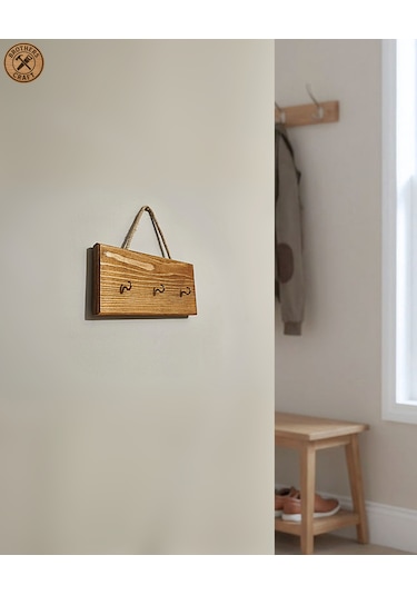 Ahşap Duvar Askılığı Halatlı Rustik Dekoratif Anahtar Askılığı 3 Kancalı / 3 Renk Brothers Craft Kestane