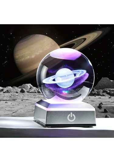 Honeybeeshop 1 Adet 3d Satürn Kristal Top Gece Lambası 8 Cm 3 15 İnç Modern Led Taban Dokunma Kontrollü Renk Değiştiren Cam Küre Uzay Temalı Masaüstü Lambası 16renk Şarj Edilebilir