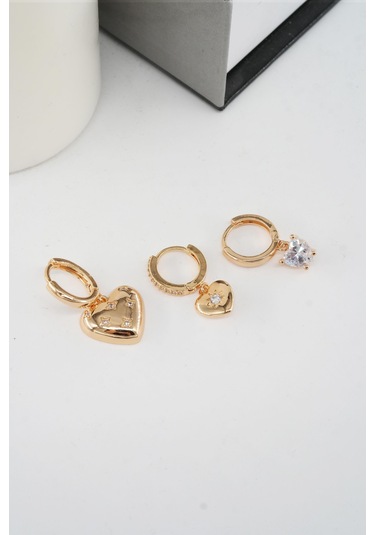 By Zeyna Aksesuar Kadın Vip Seri Zirkon Taşlı 3'lü Küpe-4116 Altın