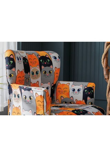 Roma Modern Tekli Koltuk Berjer - Dijital Baskılı Kumaş - Ahşap Ayak - Kedili 1 Kedili - 1