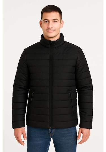 Erkek Bomber Mont Ceket Su İtici Kumaş, Kapitone Astarlı, Fermuarlı, Kışlık - Siyah Siyah