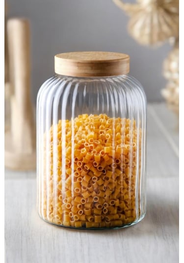 Bambu Kapaklı Cam Çizgili Erzak Kavanozu 3700 Ml Şeffaf