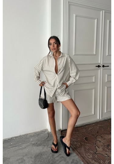 Poplin Çizgili Gömlek - Şort Takım - Bej Bej