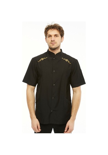 Uniprom Kısa Kollu Aşçı Ceketi Önlük Omuz Nakışlı Cepli Şef, Garson Siyah