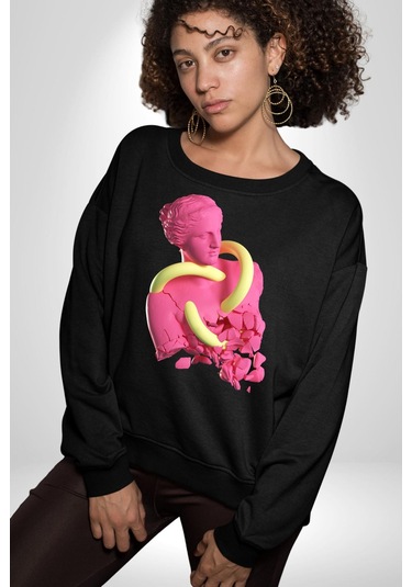 Pop Art Yaratıcı Heykel Pembe Unisex Siyah Sweatshirt Siyah