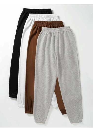 4'lü Basic Düz Ince Eşofman Altı Jogger - Siyah Beyaz Kahverengi Gri Lastik Paça Yüksek Bel Siyah Kahve Gri