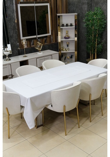 Dream 8 Parça Masa Örtüsü Seti Çeyiz Seti Salon Masa Örtüsü, Runner, 6'lı Peçete Beyaz