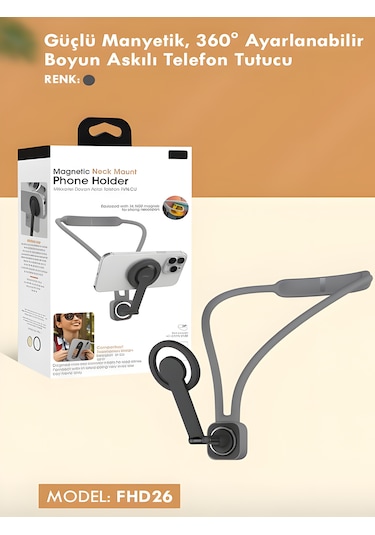 360 Ayarlanabilir N52 Mıknatıslı Magsafe Boyun Askılı Telefon Tutucu Eller Serbest Kullanım Siyah Siyah