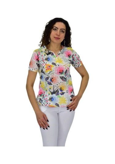 Kadın Kısa Kol Baskılı Bluz Bgl-st04687 Krem