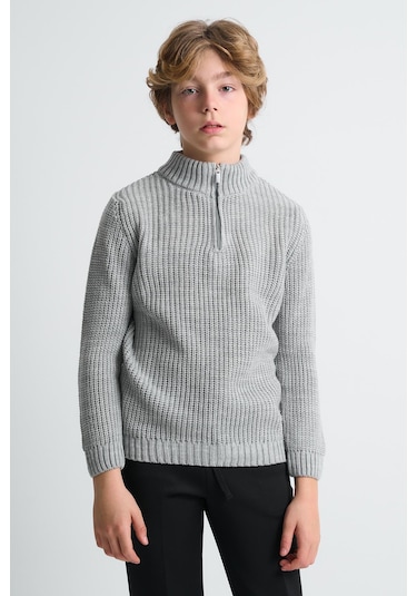 Alexandergardı Dik Yaka Fermuarlı Erkek Çocuk Kazak C23-7108 Gri