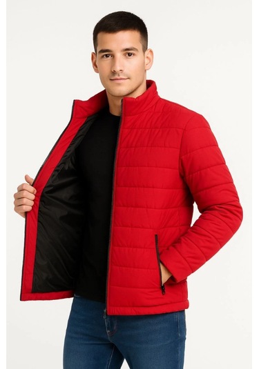 Erkek Bomber Mont Ceket Su İtici Kumaş, Kapitone Astarlı, Fermuarlı, Kışlık - Kırmızı Kırmızı