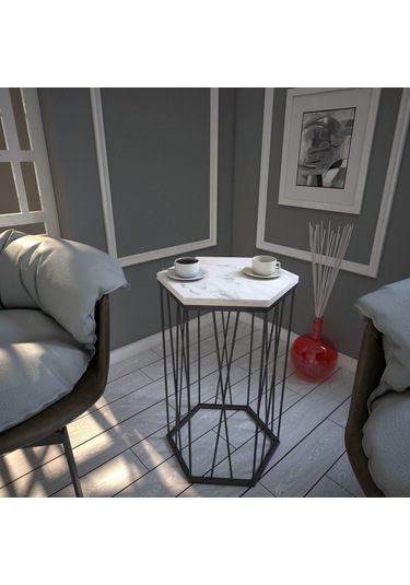 Cetrus Beyaz Mermer Yan Sehpa & Servis Sehpası Metal Marmo