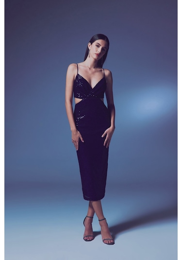 Dekolteli Payet Elbise - Lacivert-135645 Lacivert