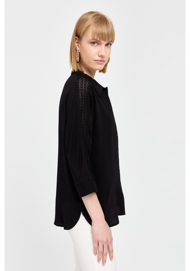 Kadın Kolları Dantel Şeritli Maroken Gömlek Siyah Siyah